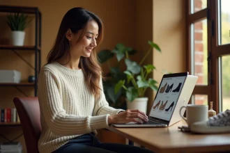 Femme achetant des chaussures Sursell en ligne sur un ordinateur portable depuis son bureau à domicile