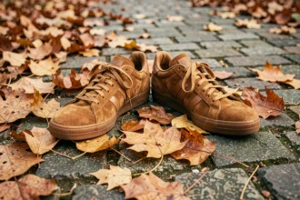 Paire Adidas Spezial couleur marron posée sur des feuilles d'automne dans un parc urbain