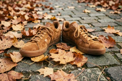 Paire Adidas Spezial couleur marron posée sur des feuilles d'automne dans un parc urbain