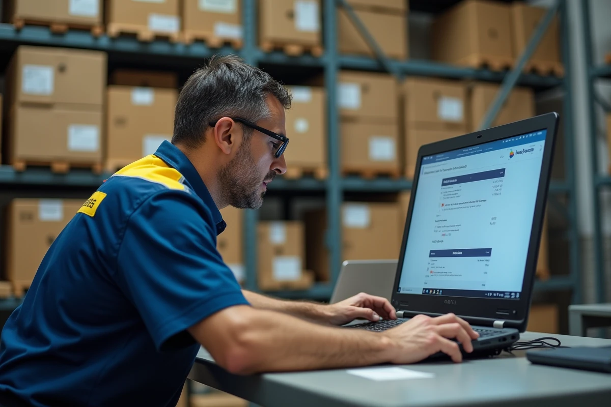 Agent postal masculin consultant son espace habillement en ligne depuis le réseau interne La Poste dans un bureau de tri