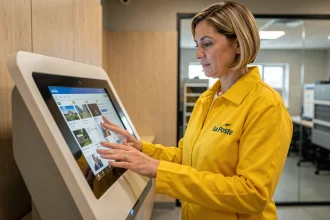 Agente de La Poste en uniforme jaune consultant son espace habillement sur un terminal numérique en salle de pause