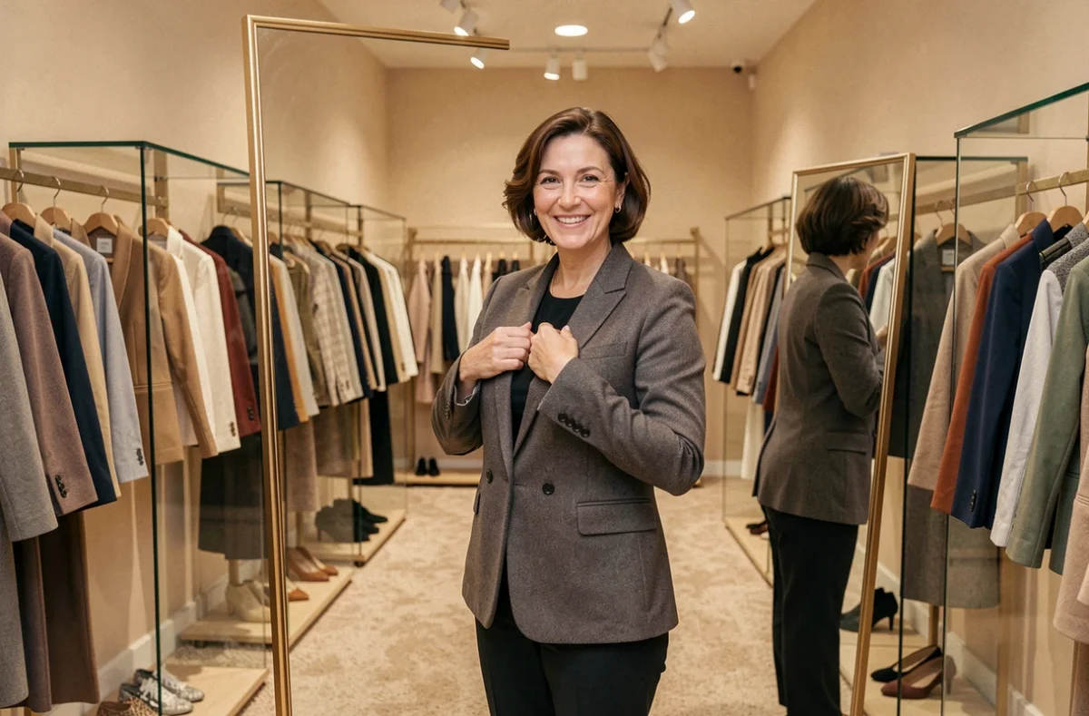 Cliente essayant une veste dans la boutique Ann'Mode au cœur de Dijon