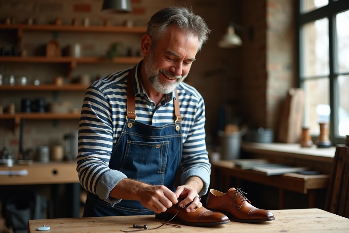 Artisan français finissant des chaussures en cuir dans son atelier