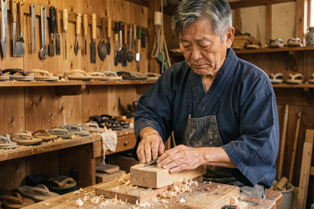 Artisan japonais façonnant à la main une sandale geta en bois dans un atelier traditionnel de fabrication artisanale