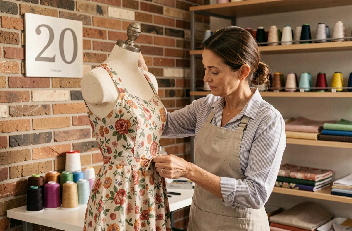 Couturière en tablier de lin épinglant l'ourlet d'une robe dans l'atelier Couture Numéro 20 à Toulouse