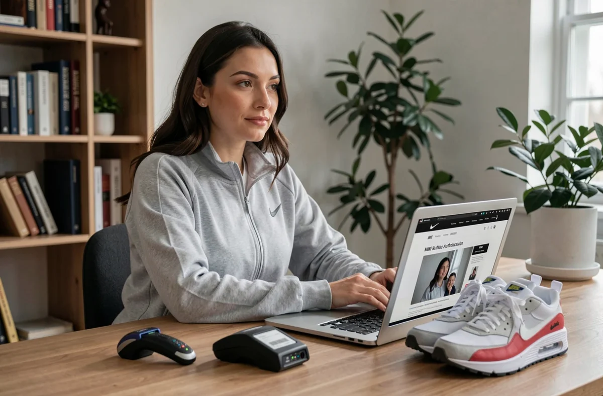 Femme authentifiant des sneakers Nike sur un ordinateur portable avec un scanner de code-barres UPC sur un bureau en bois