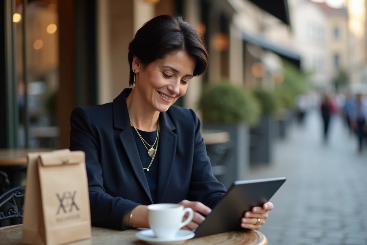 Femme consultant les avis clients SRD Bijoux sur tablette dans un café en 2026