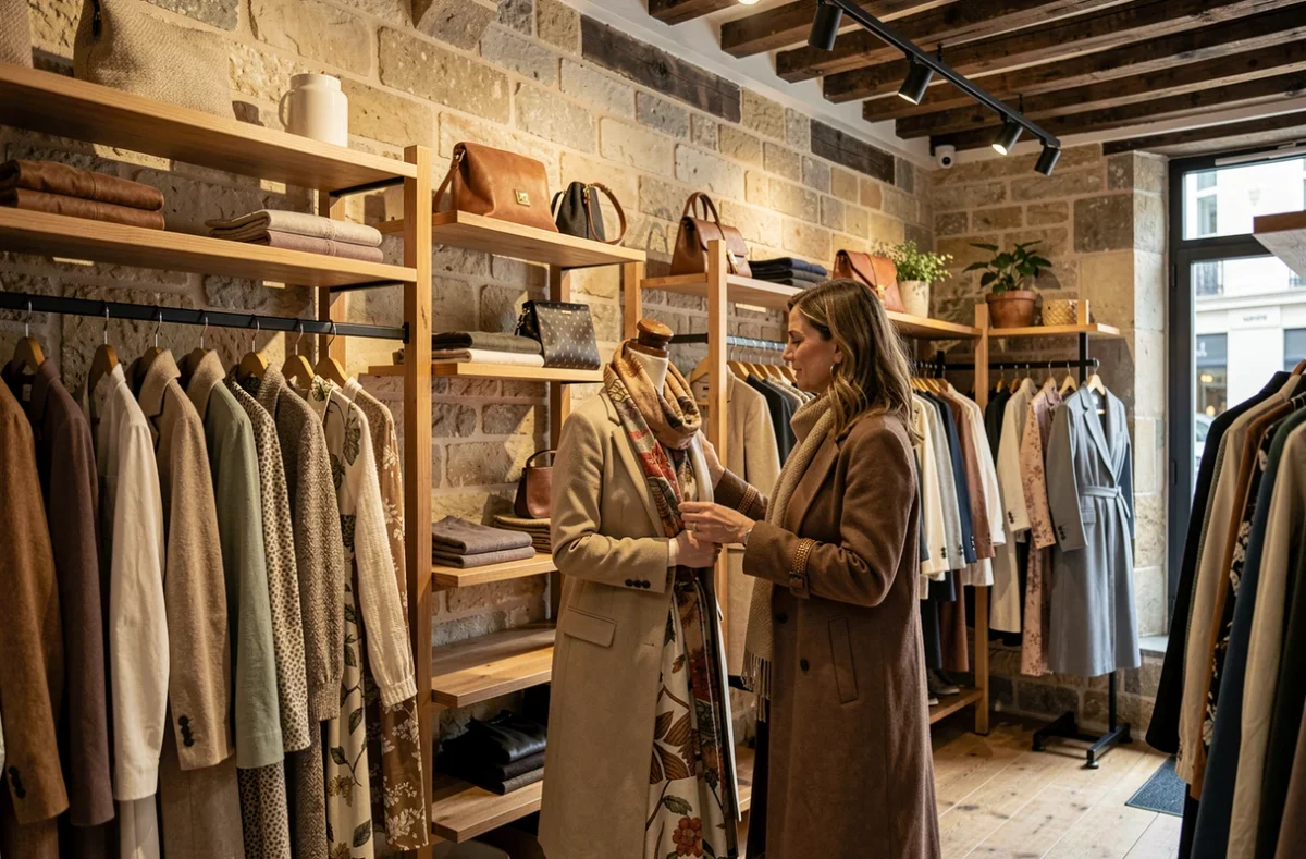 Boutique Babylone Dijon rue des Forges avec une cliente devant une sélection de mode créateur
