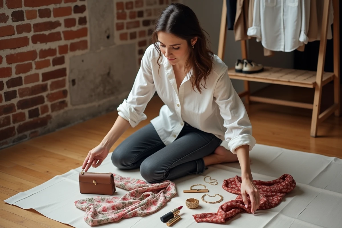 Blogueuse mode préparant un flat lay d'accessoires de mode dans un studio au sol en bois