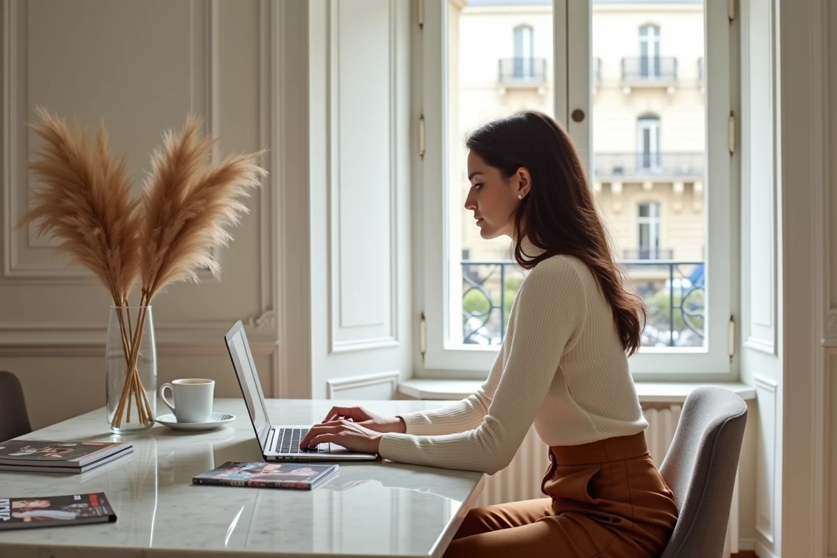 Blogueuse mode lifestyle travaillant sur son blog depuis un appartement parisien élégant avec magazines et café