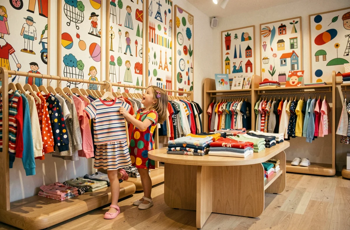 L'intérieur coloré et design de la boutique Bonton à Paris avec une petite fille regardant les vêtements enfants