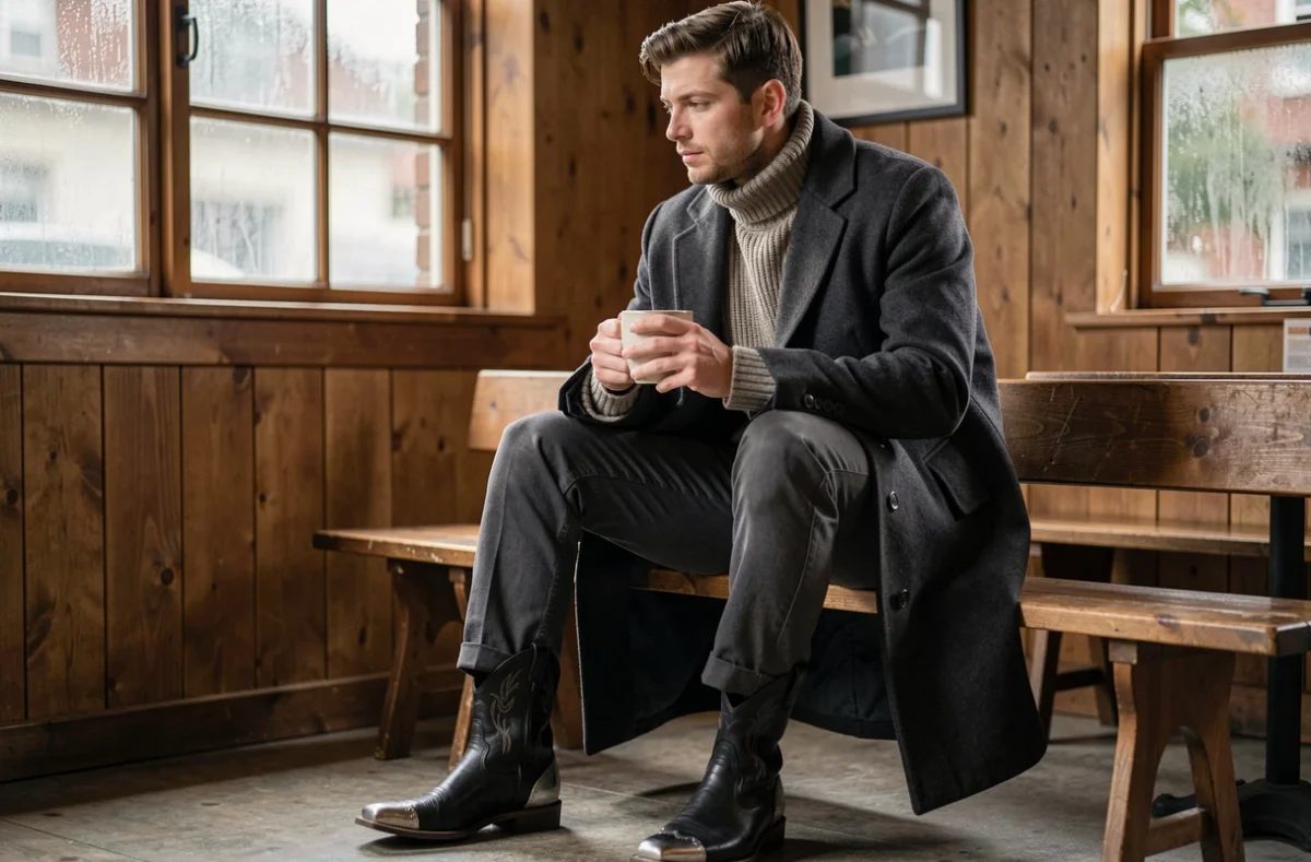 Homme en bottines cowboy noires et manteau gris charbon assis dans un café en hiver