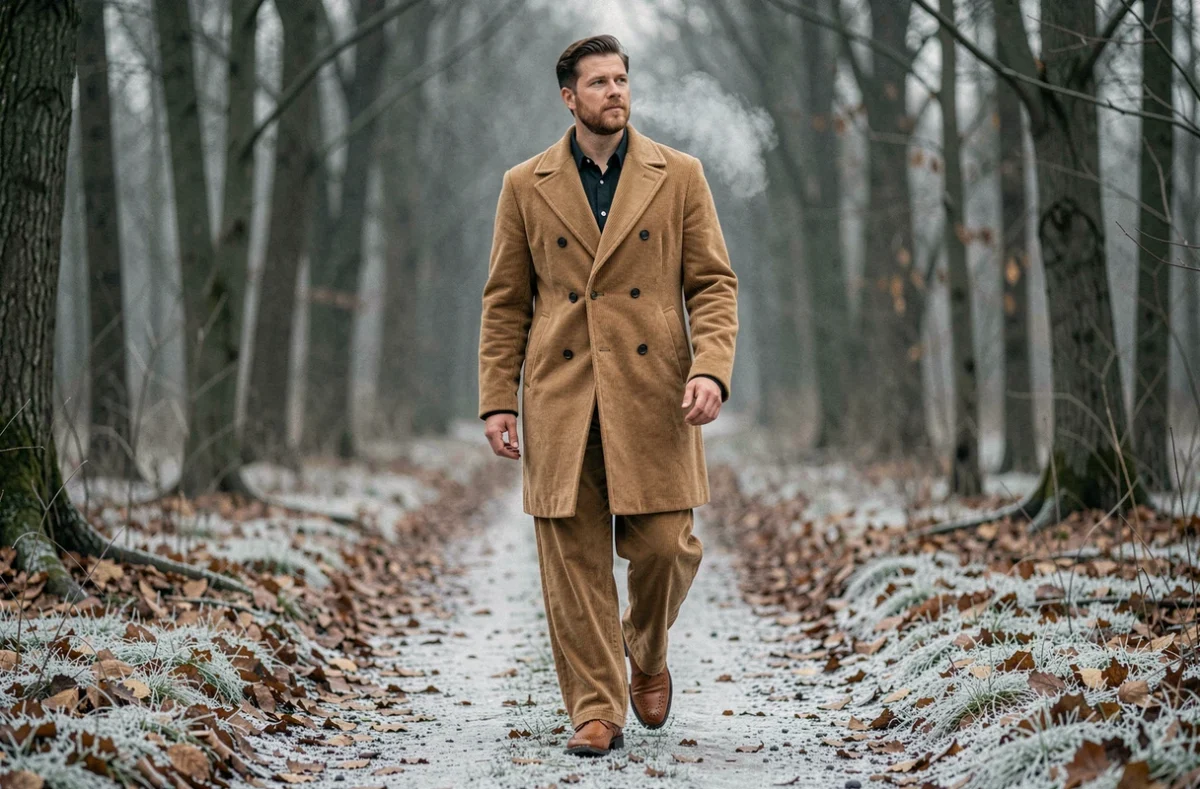 Homme portant bottines cowboy cognac et long manteau camel dans une forêt hivernale givrée