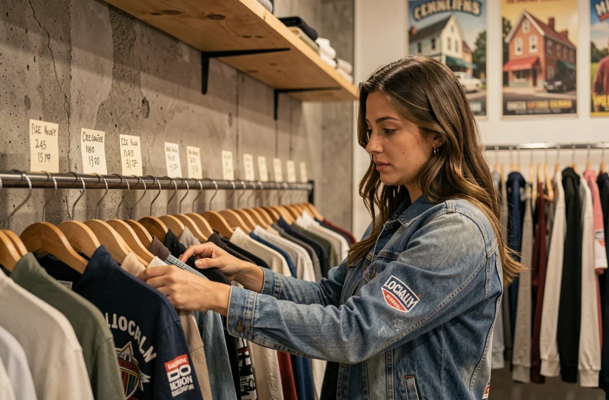 Femme explorant des vêtements de marque de quartier dans une boutique indépendante aux murs en béton brut