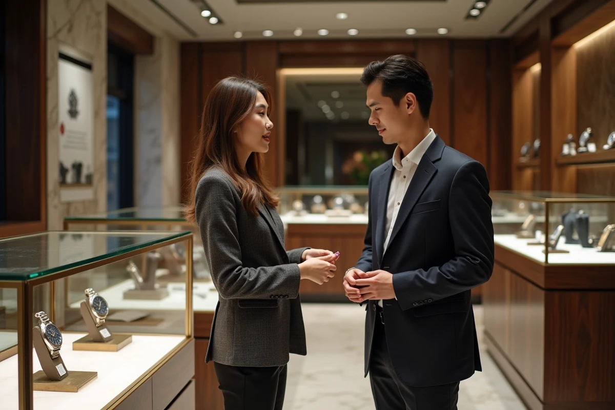 Boutique de montres de luxe au design asiatique contemporain avec une cliente examinant une montre haut de gamme non suisse