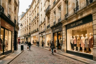 Rue commerçante de Dijon avec vitrines de boutiques de prêt-à-porter féminin en Côte-d'Or
