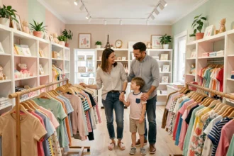 Une famille parisienne qui fait du shopping dans une boutique de vêtements pour enfants en Île-de-France