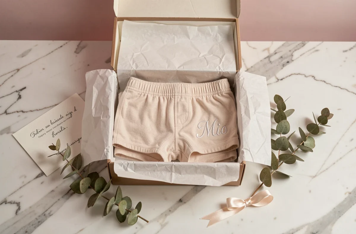Boxers personnalisés avec broderie présentés dans une boîte cadeau premium sur marbre, composition flat lay élégante pour idée cadeau original