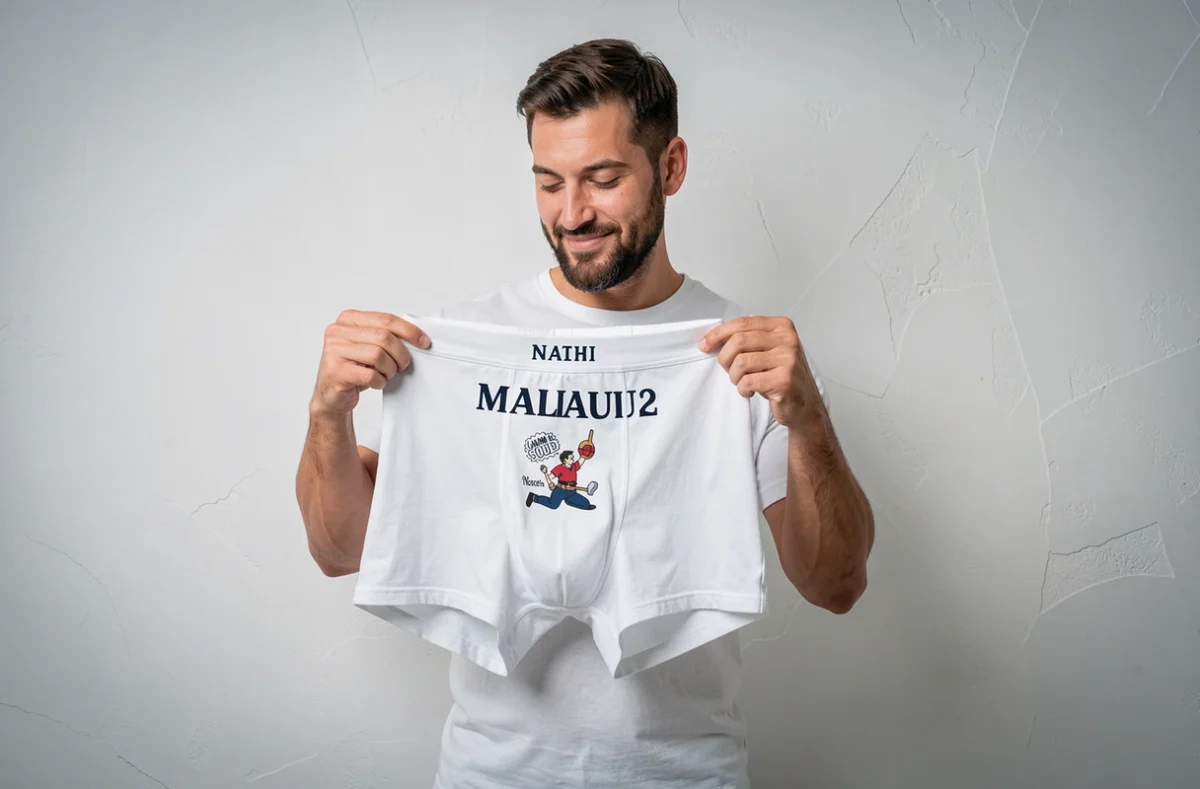 Homme tenant un boxer personnalisé avec prénom imprimé sur l'élastique, présentation de la personnalisation dans un studio épuré et minimaliste