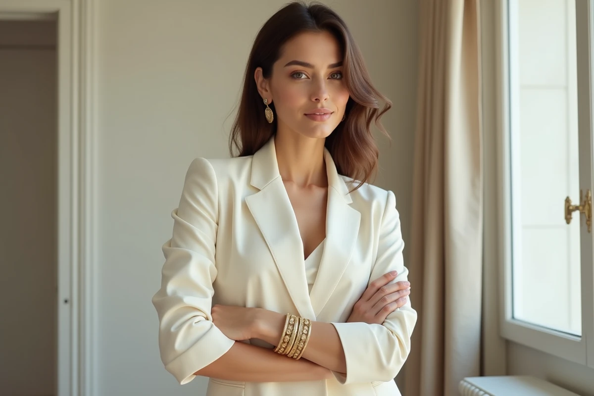 Femme portant un large bracelet doré surdimensionné au poignet, exemple d'erreur de style à éviter pour rester élégante