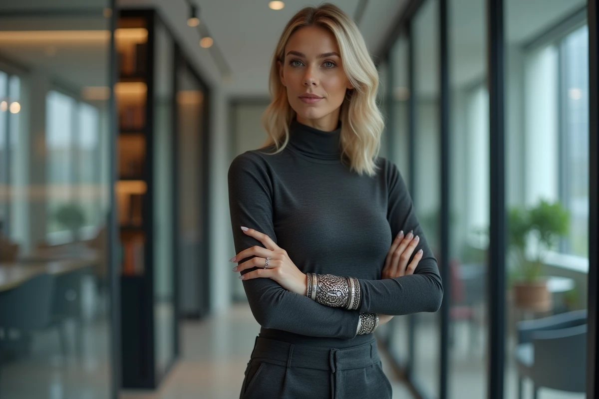 Femme en tenue professionnelle portant un bracelet large tribal argenté inadapté, erreur de style à éviter au bureau