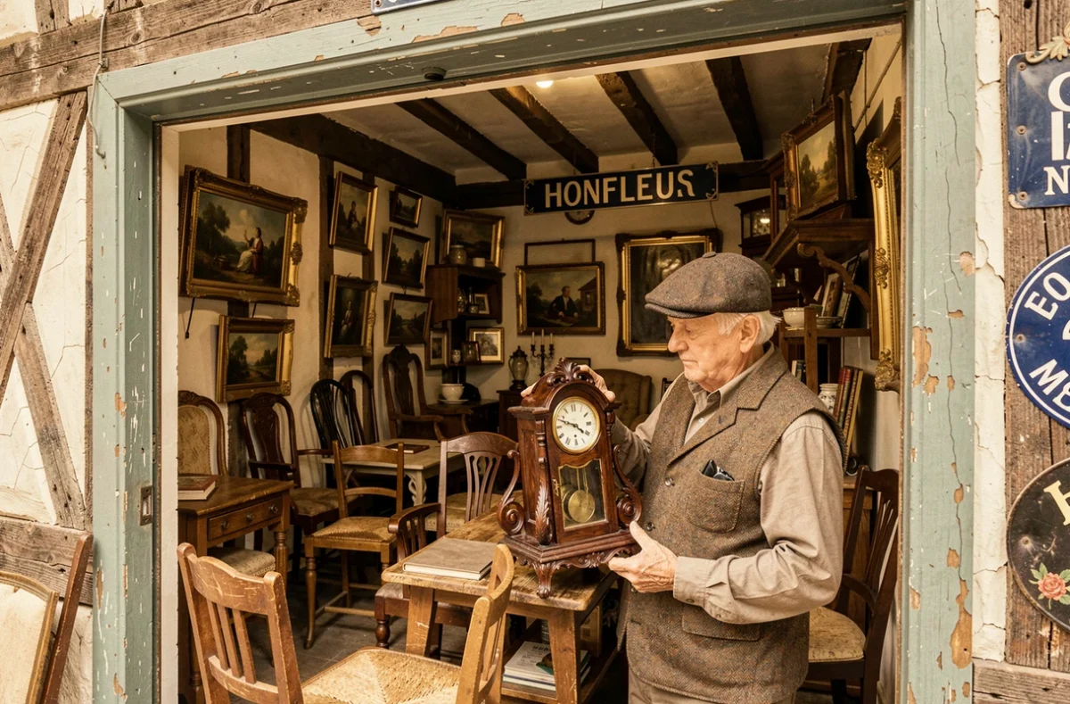 Brocante Broc et Tendances à Honfleur avec mobilier ancien et objets de collection dans un cadre normand authentique