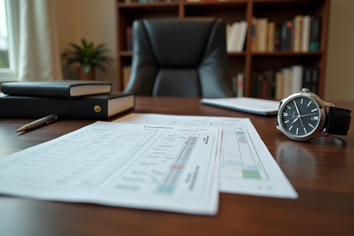 Documents de budget et montre de luxe suisse sur un bureau, symbolisant la planification financière pour l'achat d'une Rolex en liste d'attente