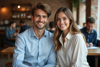 Jeune couple en chemises dans un café urbain élégant