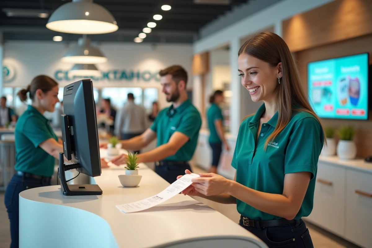 Caisse du nouveau magasin Dancharia avec caissière souriante en uniforme remettant un reçu à un client