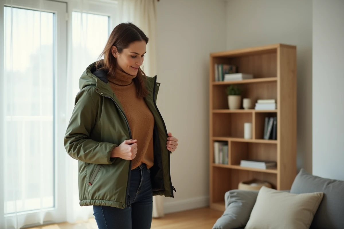 Femme dans un appartement moderne examinant les boutons-pression d'une capuche doudoune détachable verte