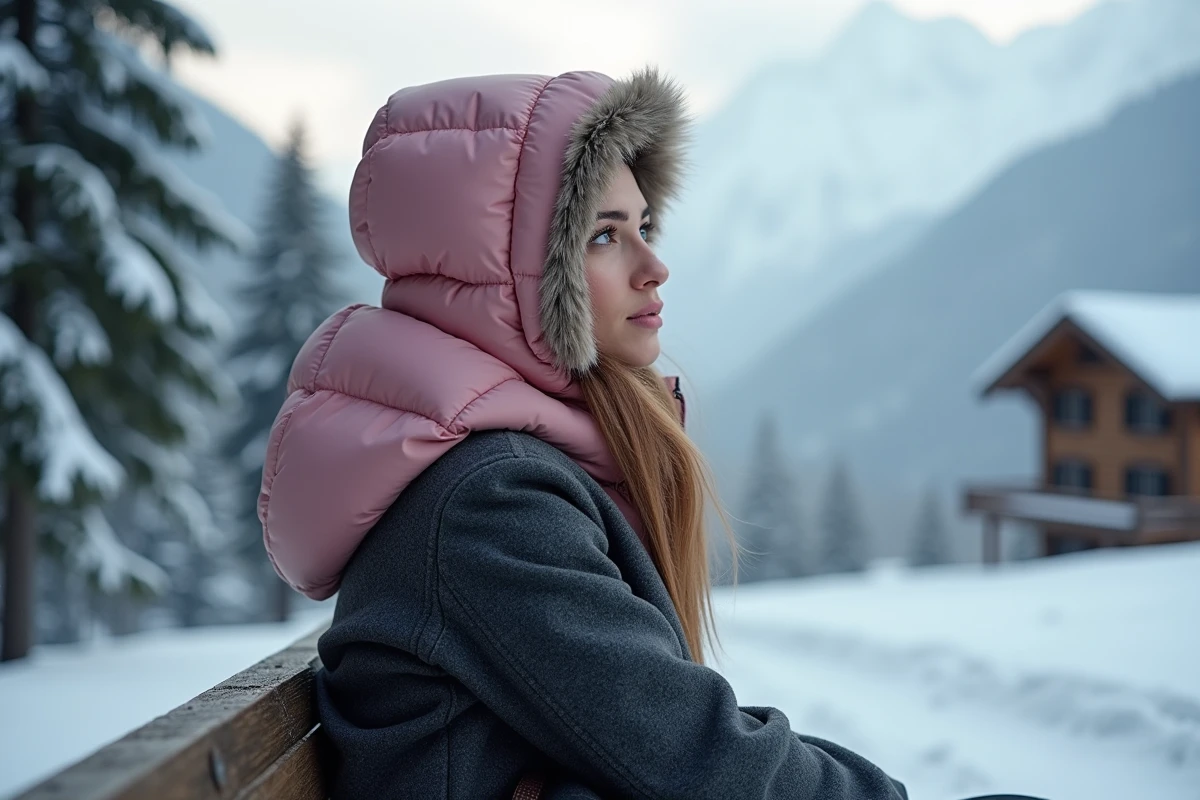 Femme assise en montagne enneigée portant une capuche doudoune rose poudrée sur un manteau en laine gris anthracite