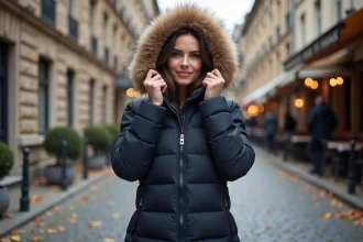Femme portant une capuche doudoune détachable à bordure en fourrure dans une rue pavée européenne en automne