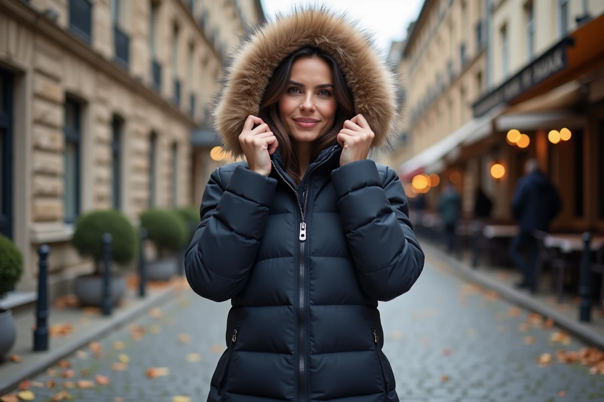 Femme portant une capuche doudoune détachable à bordure en fourrure dans une rue pavée européenne en automne