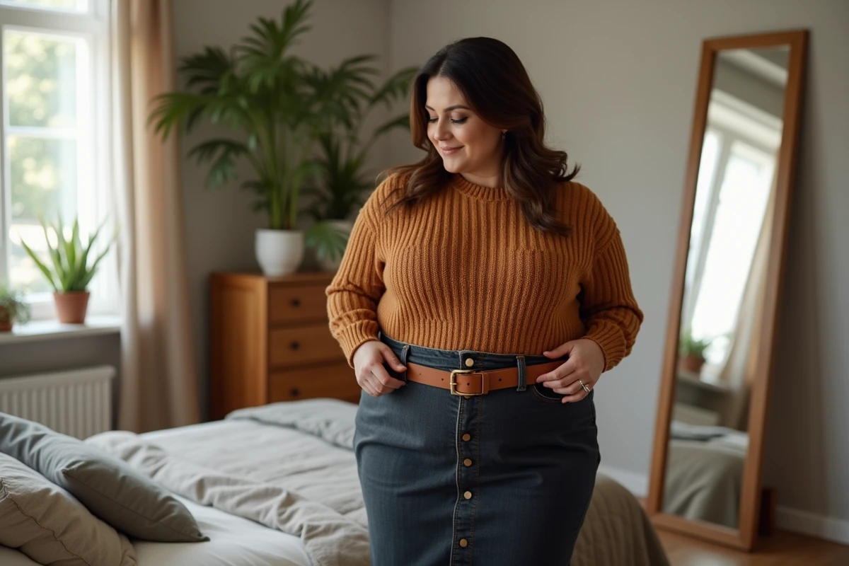 Femme grande taille devant un miroir essayant une ceinture élastique cognac sur une jupe en jean et pull en maille caramel