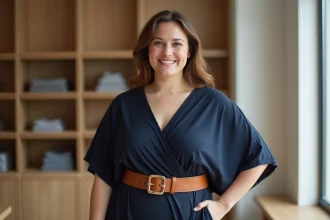 Femme grande taille portant une ceinture large en cuir beige sur une robe portefeuille bleue marine dans une boutique élégante