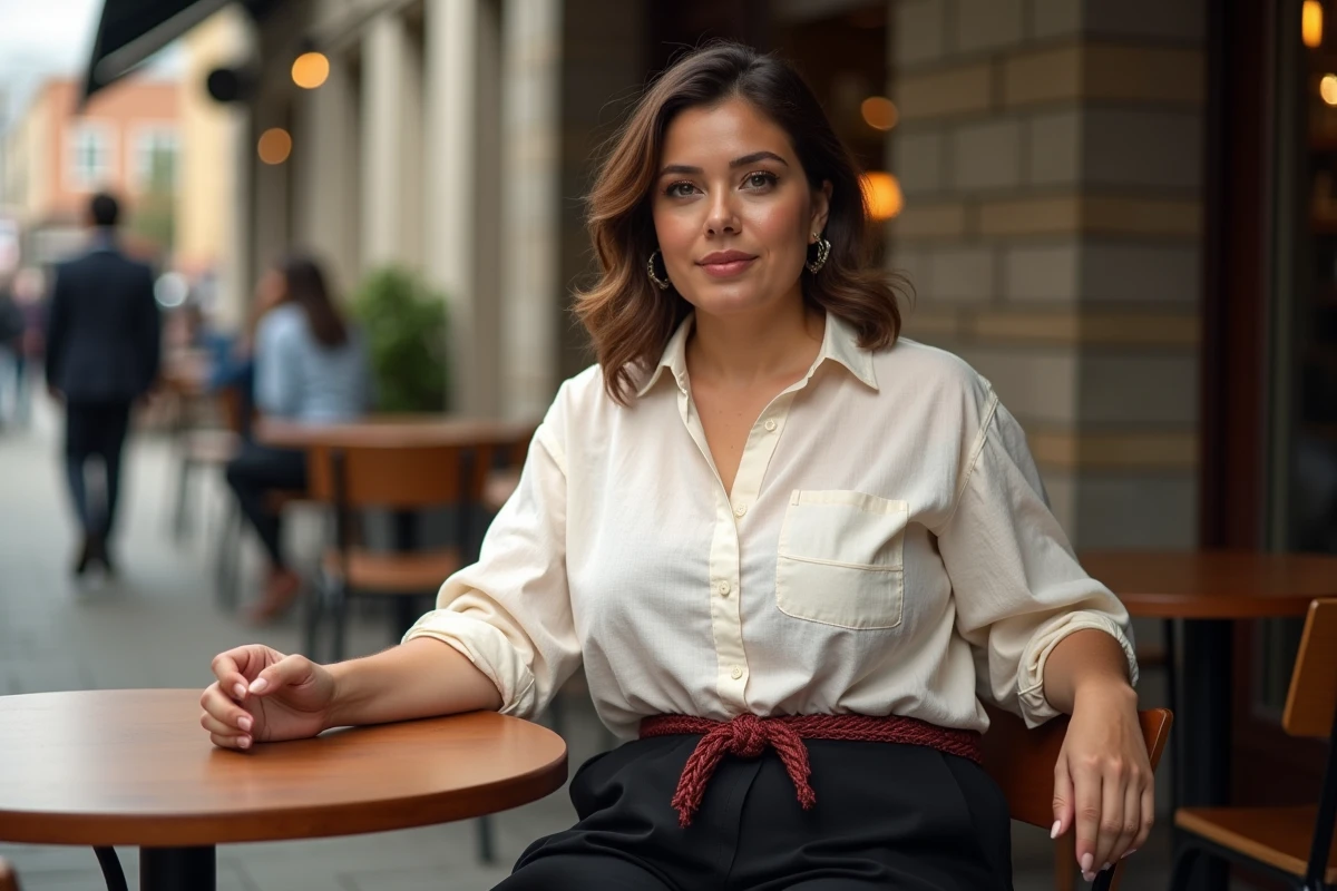Femme ronde assise en terrasse avec une ceinture tressée bordeaux sur un pantalon large noir et un chemisier lin crème