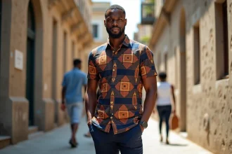 Homme africain en chemise wax à motifs géométriques indigo et terracotta, style chic et décontracté en milieu urbain