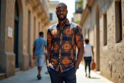 Homme africain en chemise wax à motifs géométriques indigo et terracotta, style chic et décontracté en milieu urbain