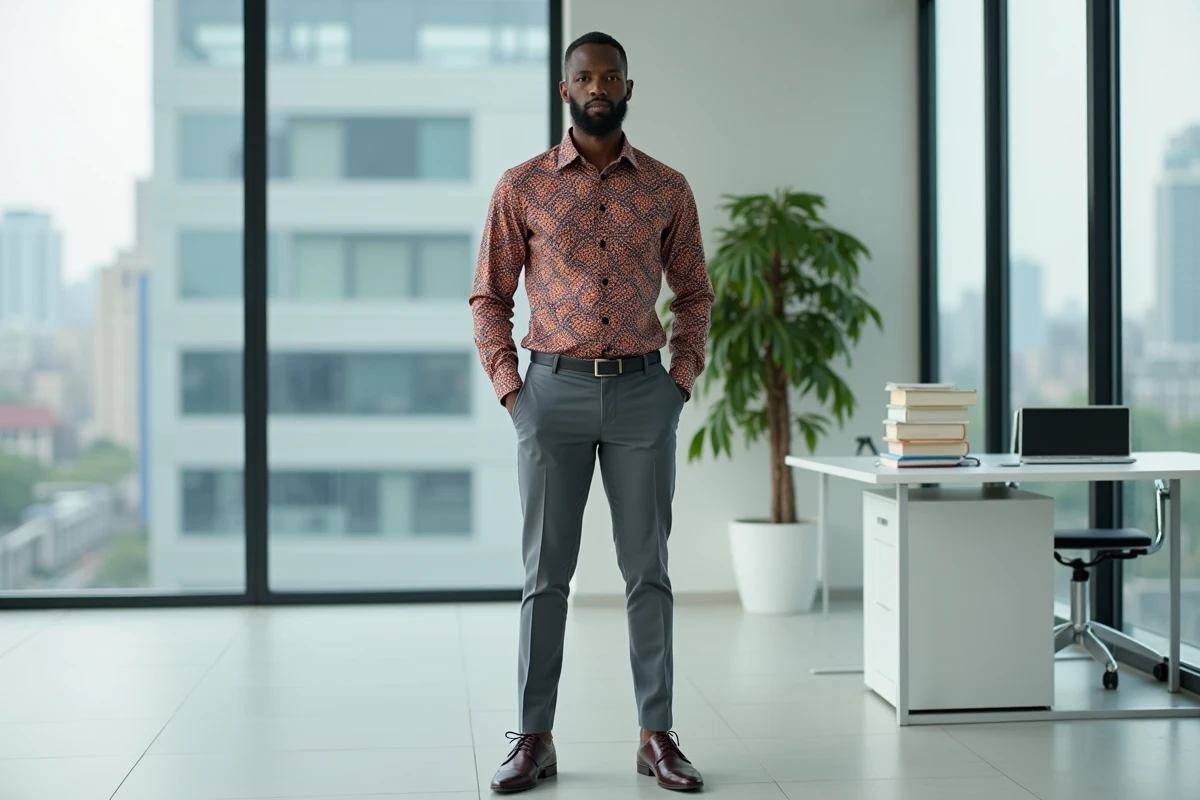 Homme africain professionnel en chemise wax Ankara bordeaux et marine dans un bureau moderne minimaliste