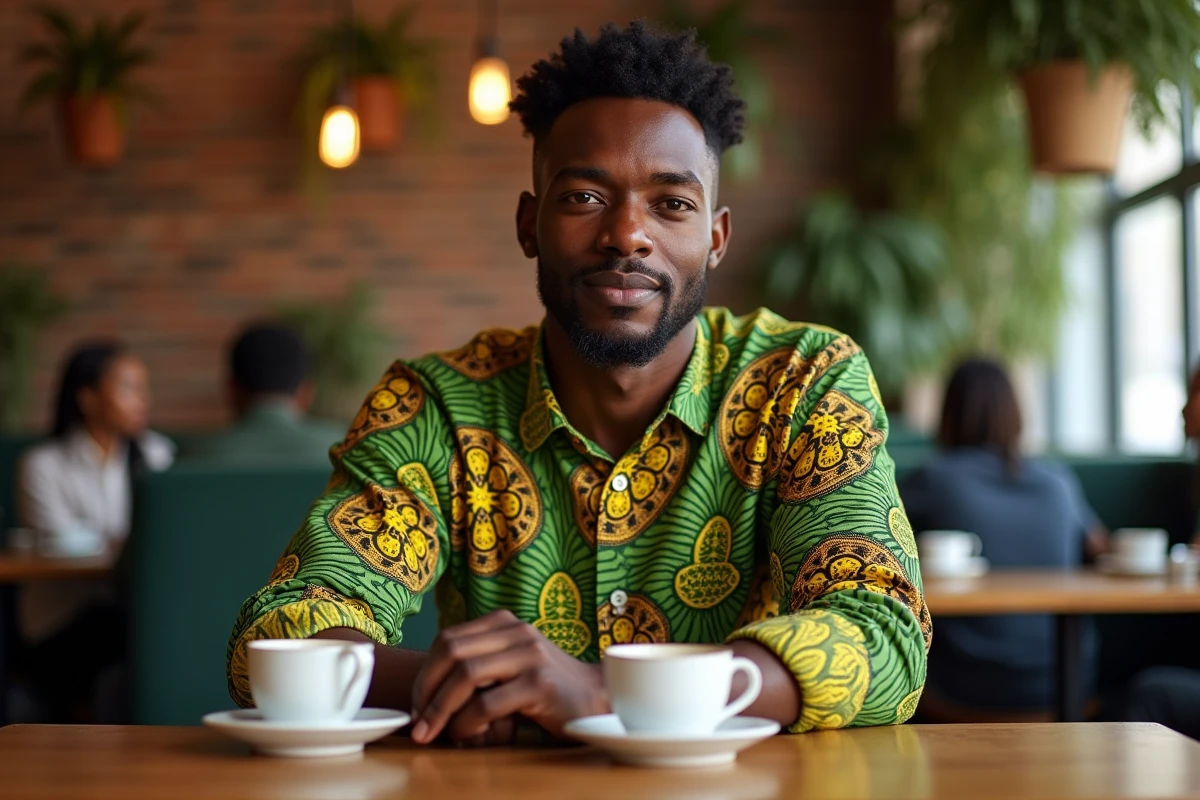 Homme en chemise wax à motifs kente verts et jaunes, assis dans un café moderne au style afro-urbain
