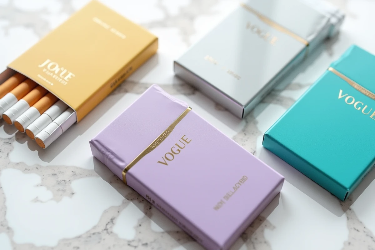 Différentes couleurs de paquets de cigarettes Vogue disposés sur marbre blanc pour illustrer les codes couleur de la marque