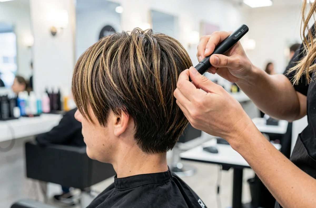 Coiffeur en train de coiffer une coupe courte dégradée en salon