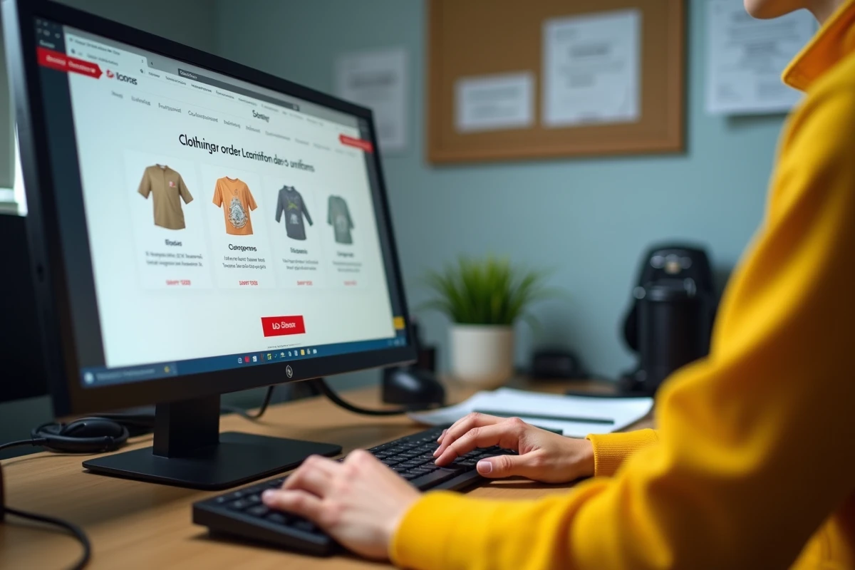 Gros plan sur les mains d'un employé La Poste passant une commande d'habillement sur le portail professionnel interne