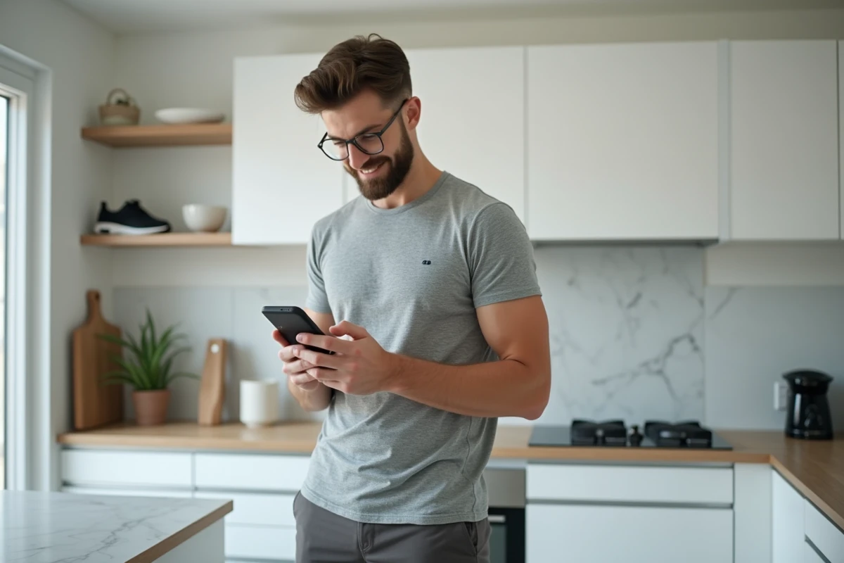 Homme consultant un site de vente de chaussures Sursell sécurisé sur smartphone dans un appartement moderne