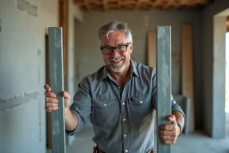 Ouvrier comparant deux montants placo 48 50 et 48 35 sur un chantier de construction intérieure