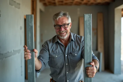 Ouvrier comparant deux montants placo 48 50 et 48 35 sur un chantier de construction intérieure