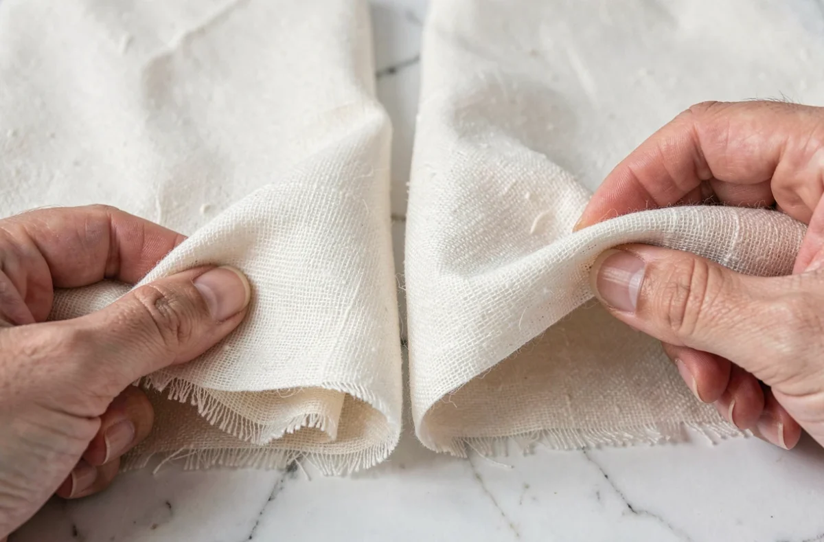 Comparaison côte à côte d'un vrai pashmina et d'une imitation synthétique sur marbre blanc