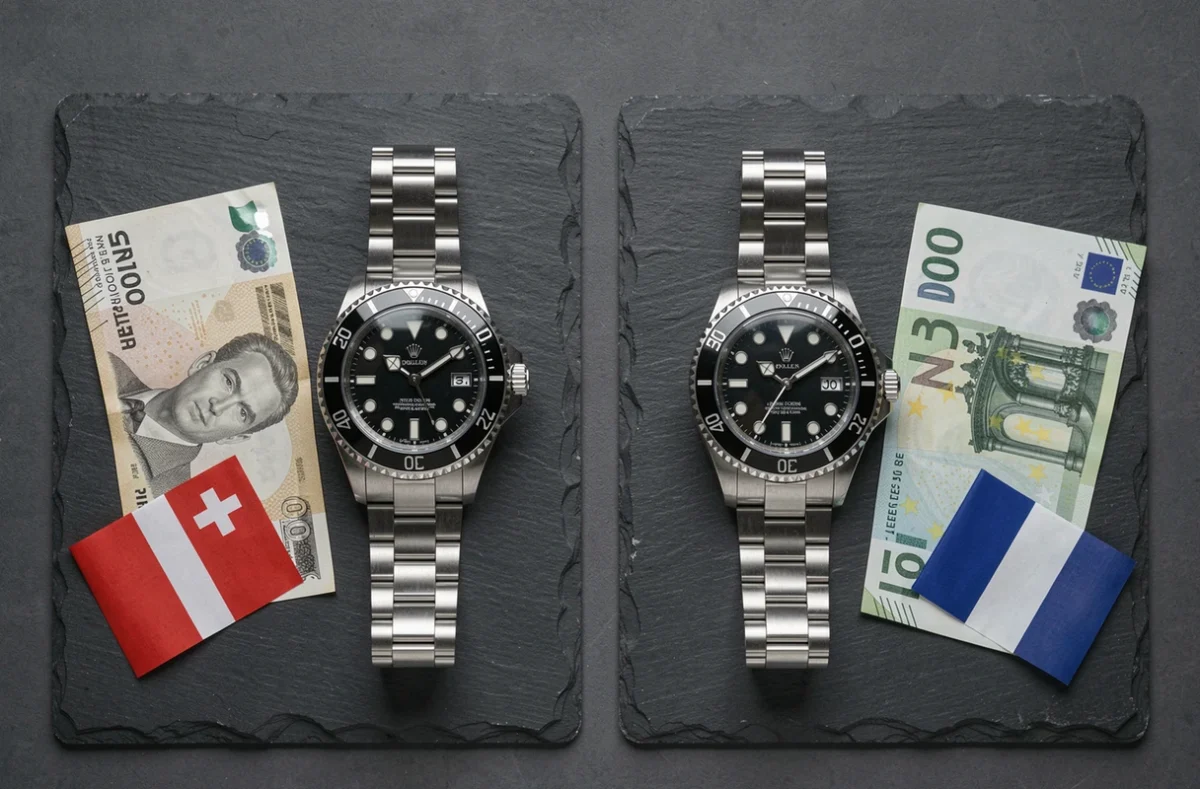Comparaison de prix Rolex entre la Suisse et la France avec montres et billets de banque