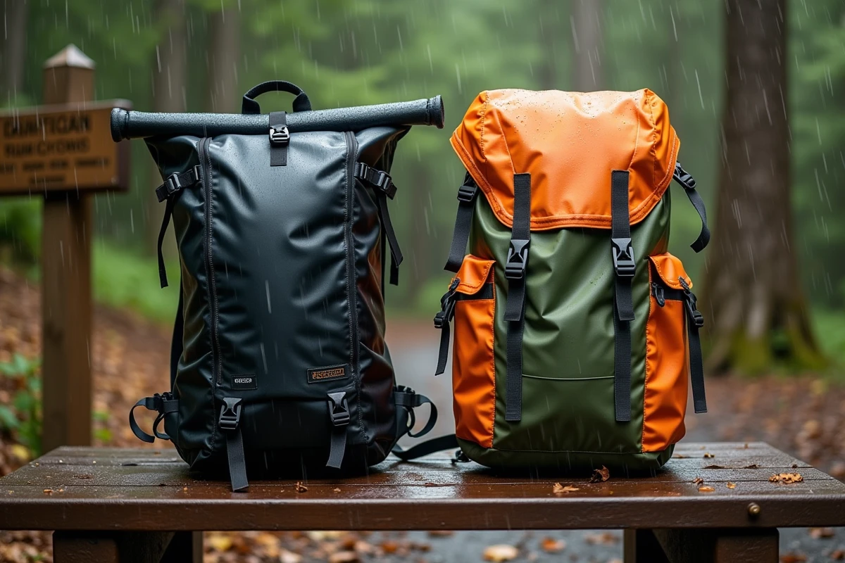 Comparaison entre un sac à dos imperméable et un sac équipé d'une housse de pluie séparée posés sur un banc sous la pluie