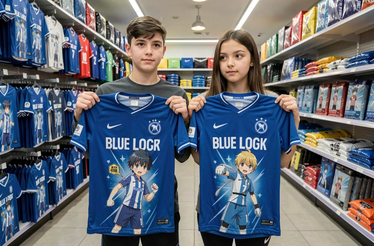 Deux adolescents comparant des maillots Blue Lock de différentes tailles dans un magasin de sport